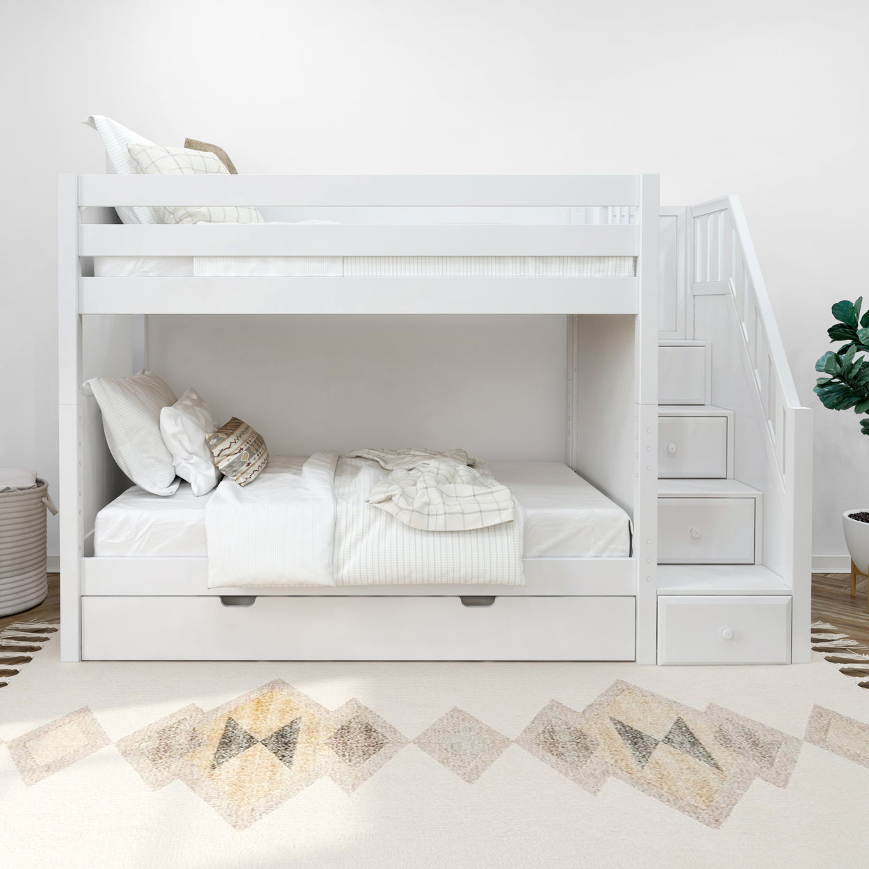 White wooden bunk bed with built-in storage drawers and staircase in modern bedroom.