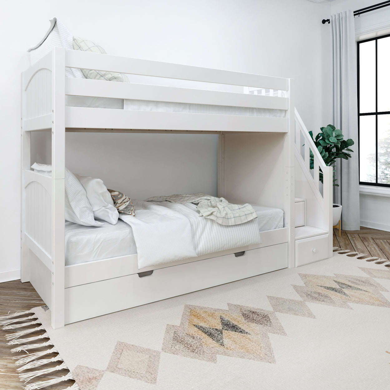 White bunk bed with stairs and storage in modern bedroom setting.
