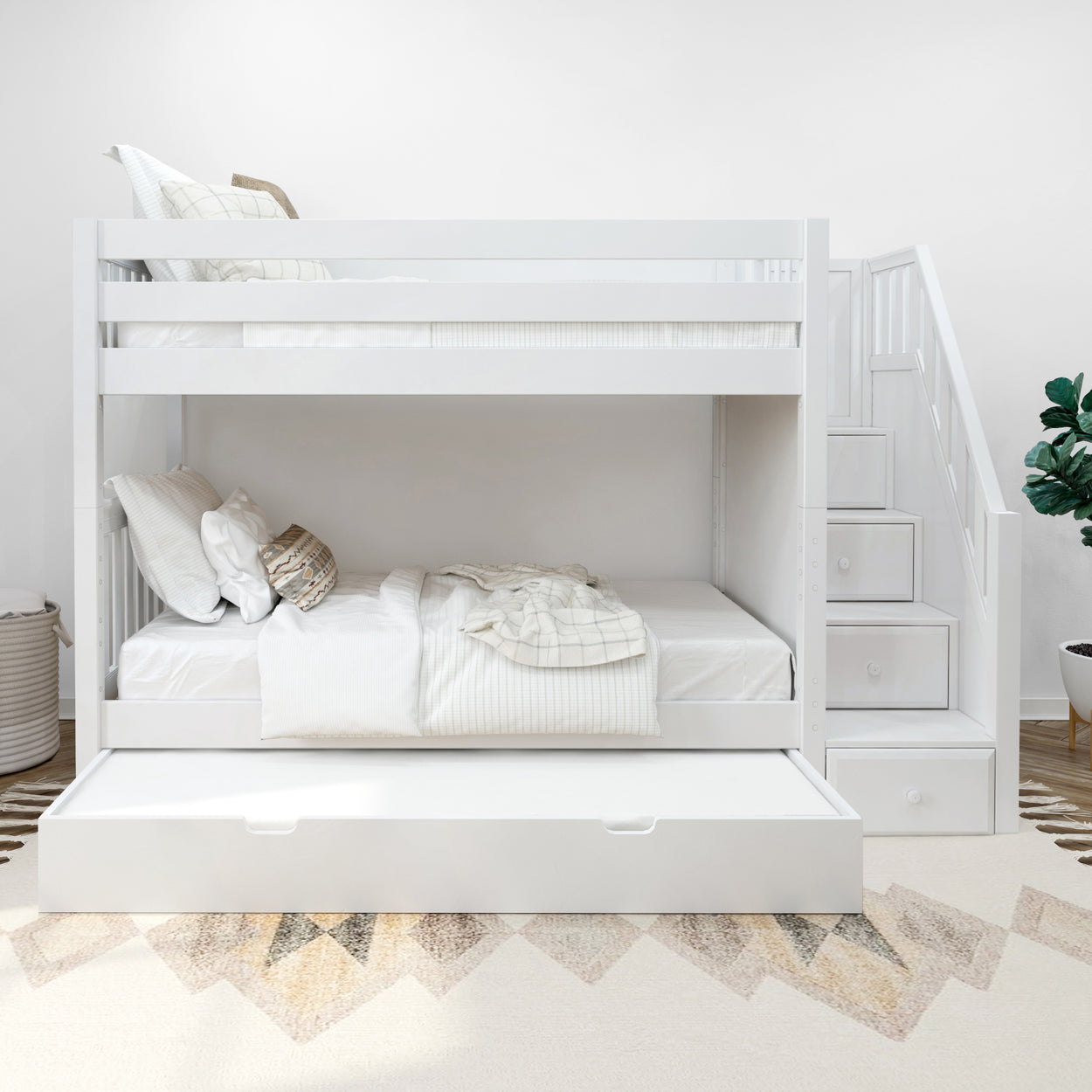 White bunk bed with staircase drawers and trundle bed in a modern kids' room.