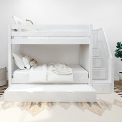 White bunk bed with staircase drawers and trundle bed in a modern kids' room.