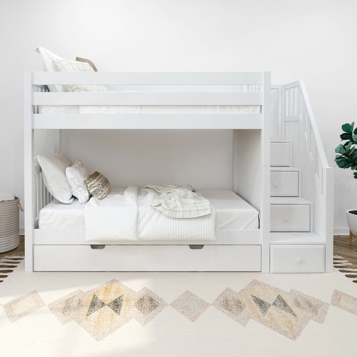 White wooden bunk bed with stairs and storage drawers in a modern bedroom setting.