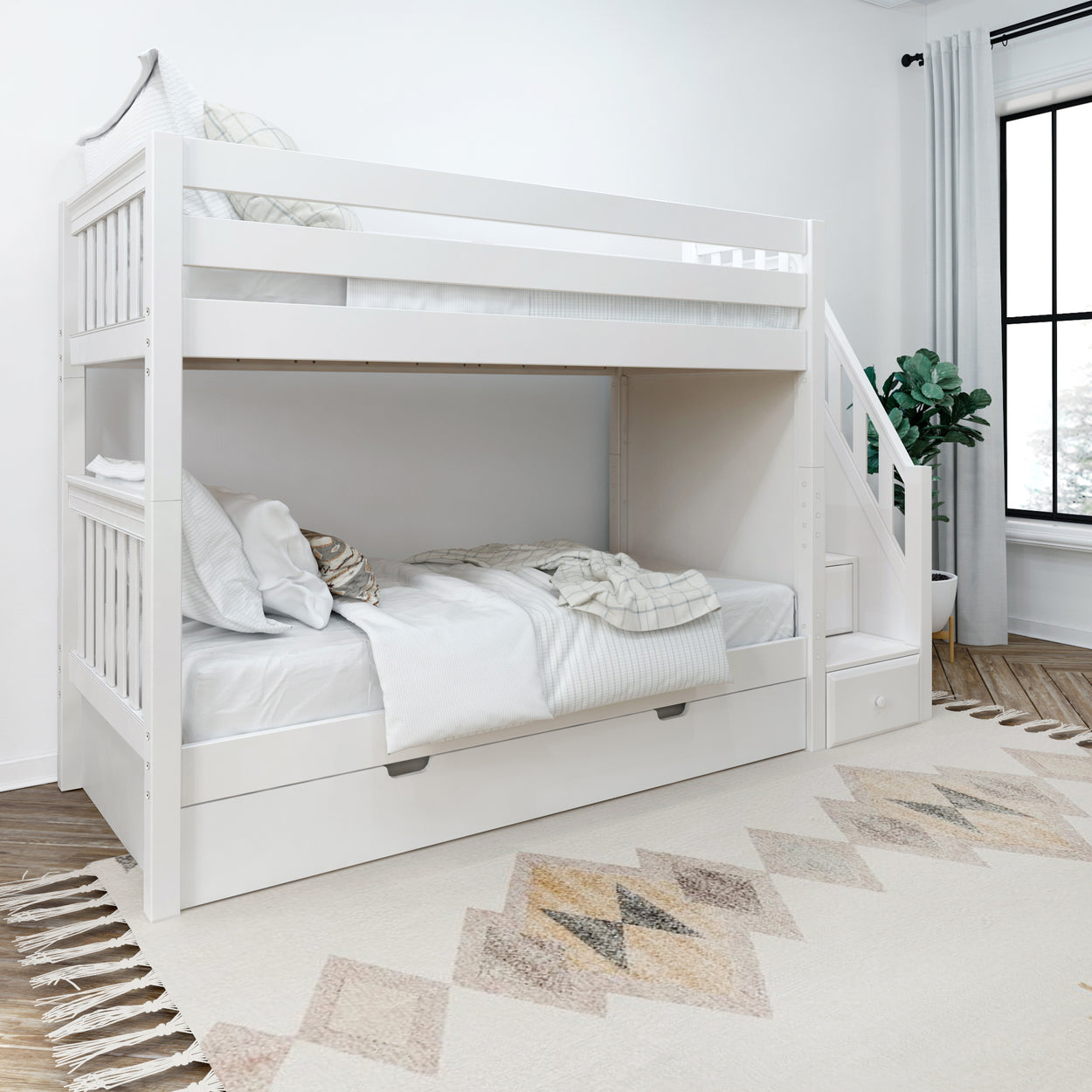 White wooden bunk bed with stairs and storage in modern children's bedroom.