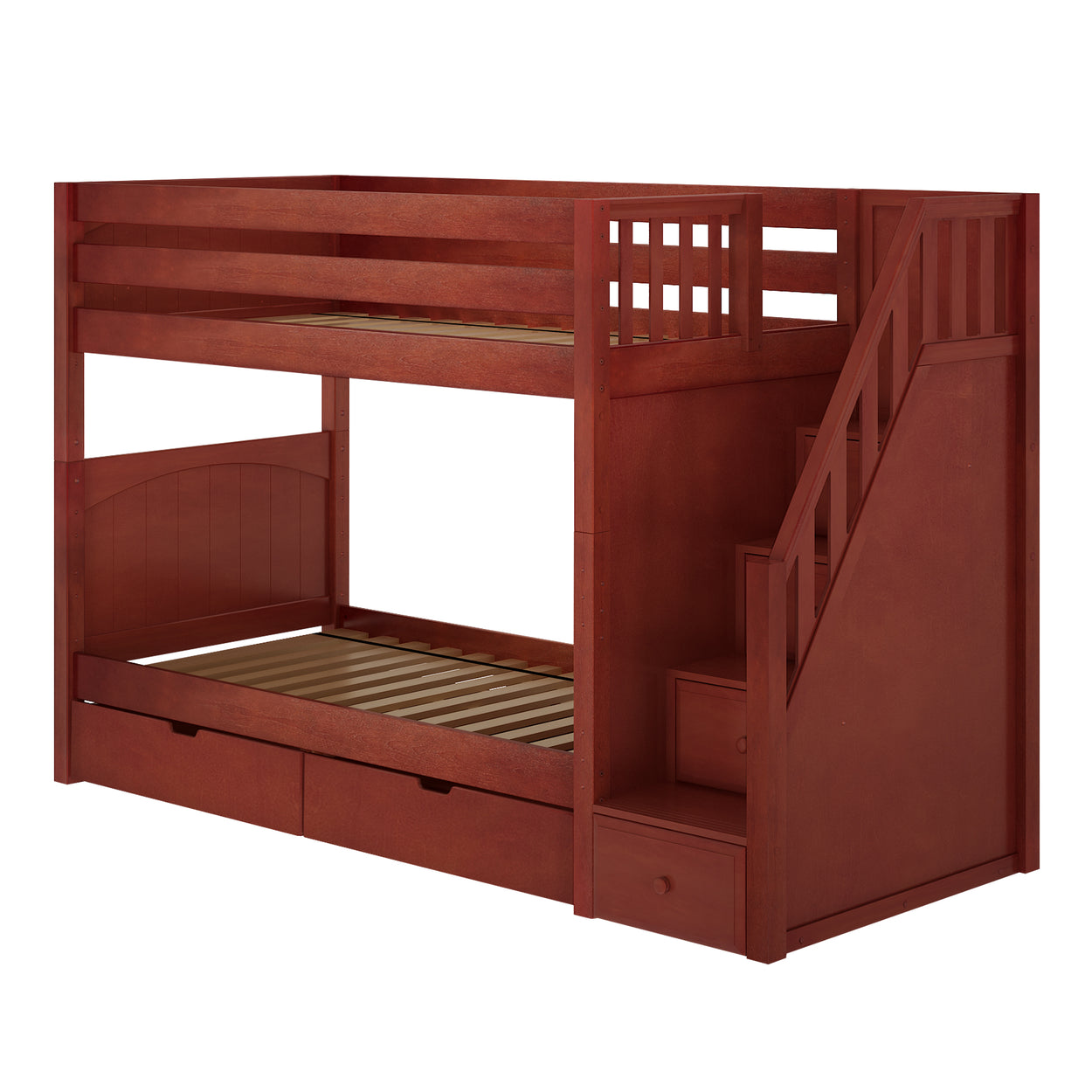 Wooden bunk bed with stairs and storage drawers, ideal for maximizing space in children's bedrooms.