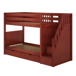 Wooden bunk bed with stairs and storage drawers, ideal for maximizing space in children's bedrooms.