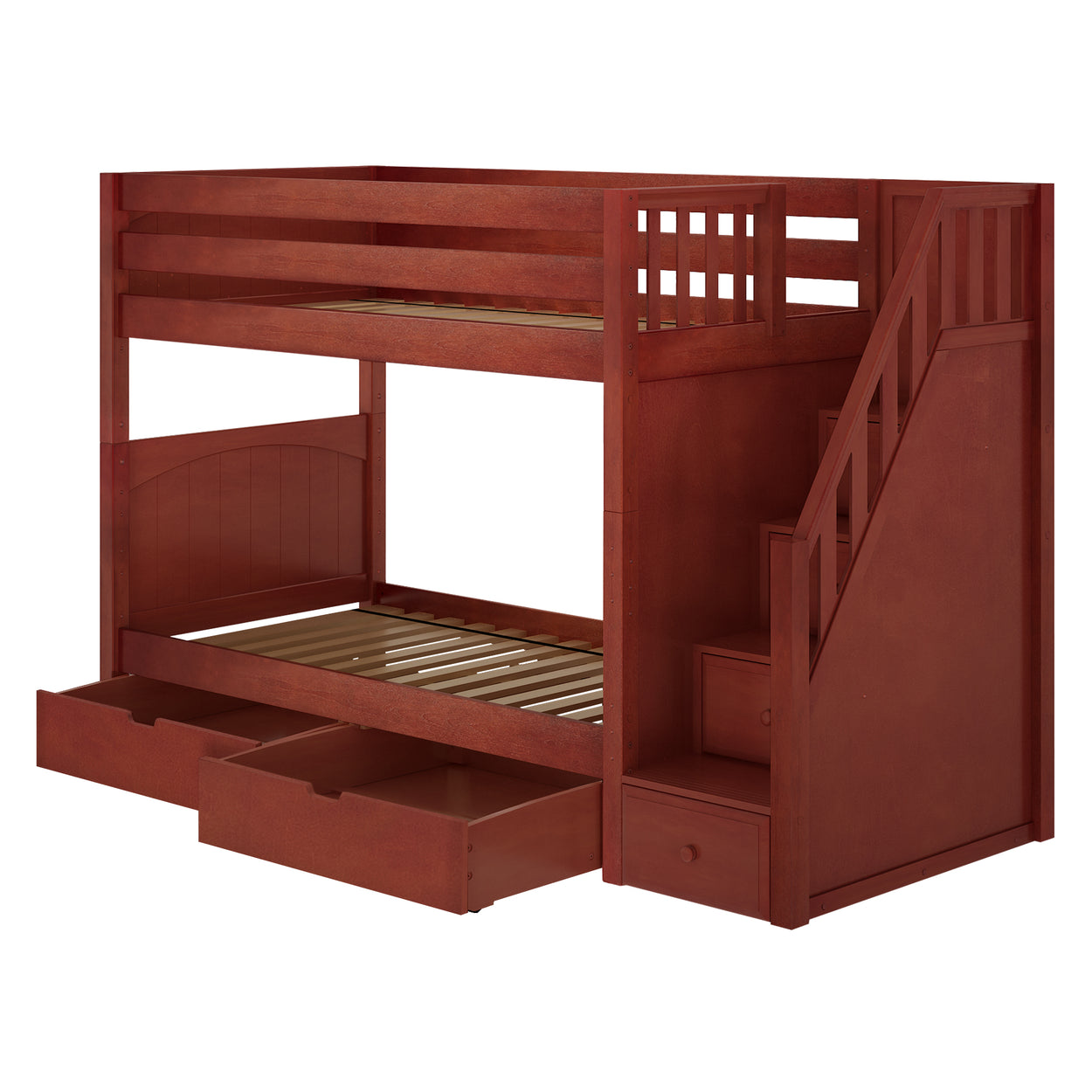 Kids wooden bunk bed with storage drawers and staircase in cherry finish.