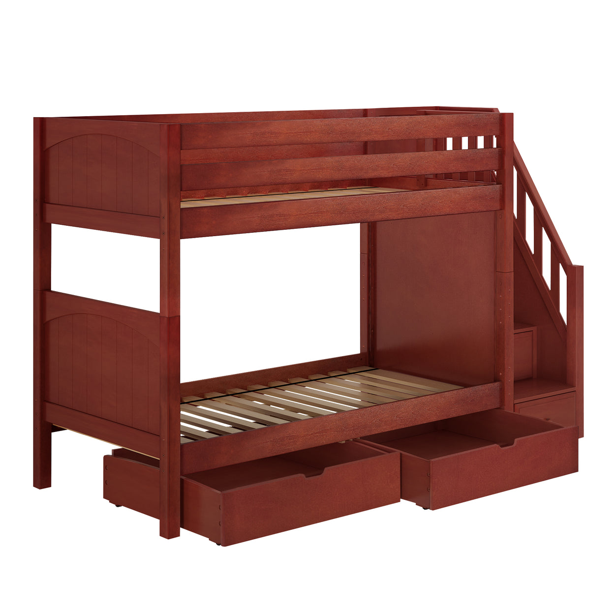 Wooden bunk bed with stairs and storage drawers, ideal for maximizing space in children's bedrooms.