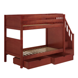 Wooden bunk bed with stairs and storage drawers, ideal for maximizing space in children's bedrooms.