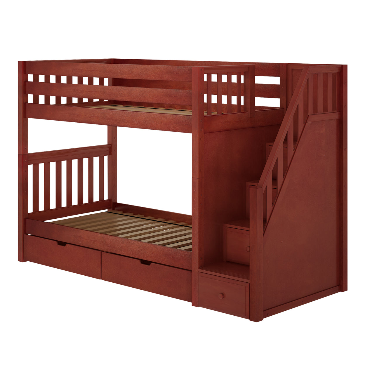 Wooden bunk bed with stairs and storage drawers, ideal for maximizing space in kids' bedrooms.