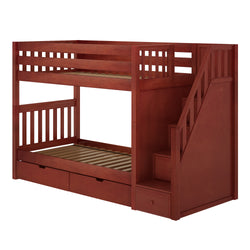 Wooden bunk bed with stairs and storage drawers, ideal for maximizing space in kids' bedrooms.