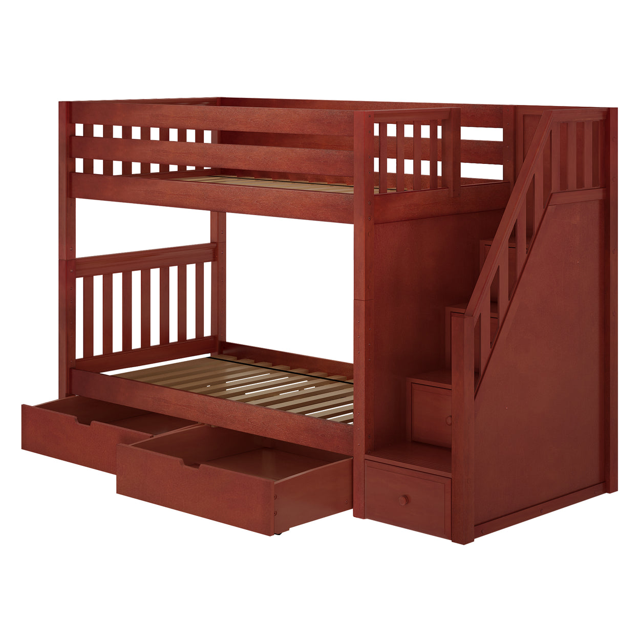Wooden bunk bed with staircase and storage drawers for kids' bedroom.