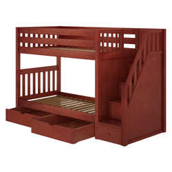 Wooden bunk bed with staircase and storage drawers for kids' bedroom.