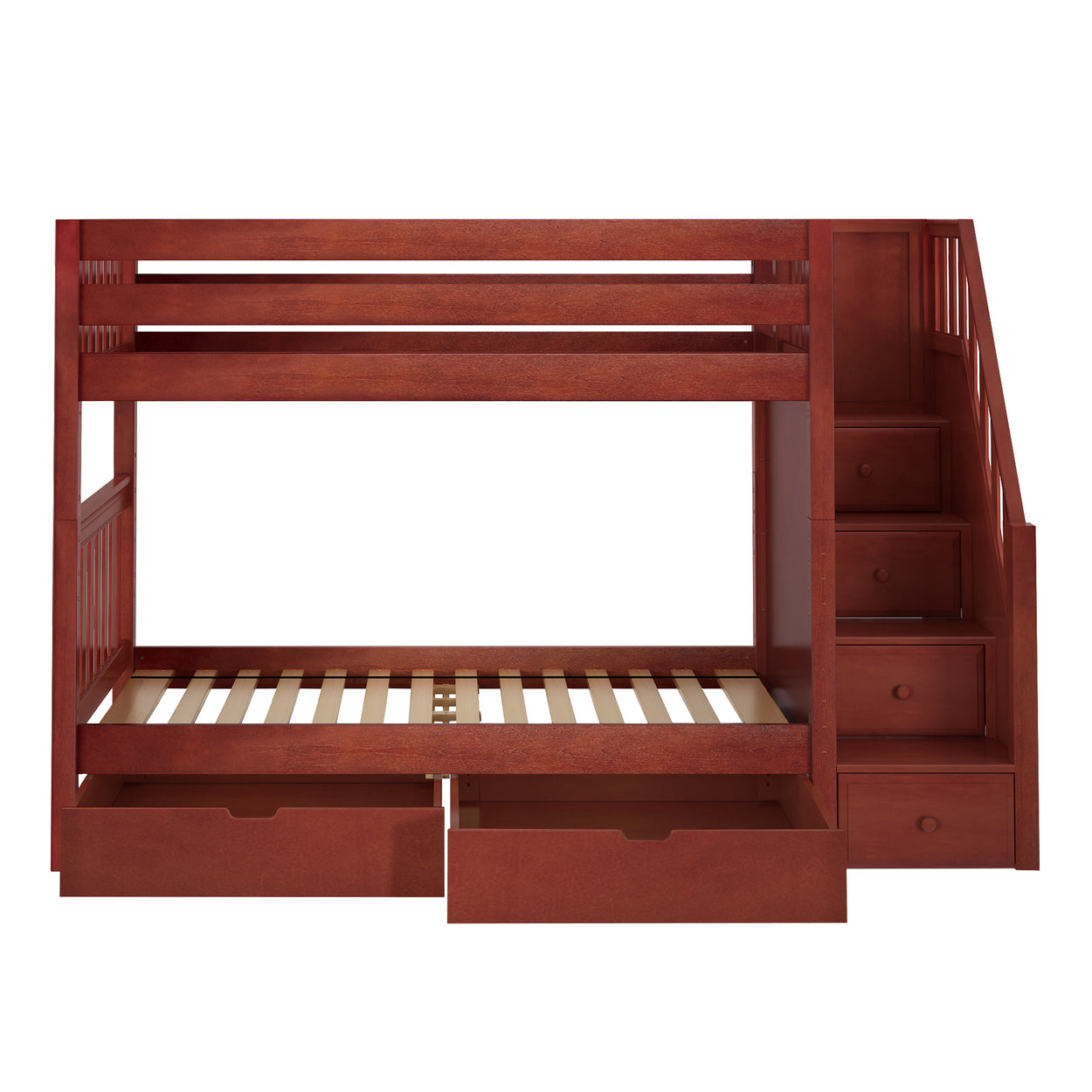 Multifunctional wooden bunk bed with built-in staircase and storage drawers.