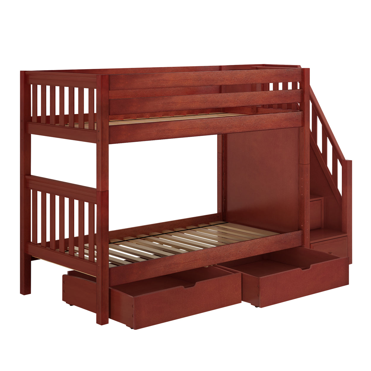 Wooden bunk bed with stairs and storage drawers, ideal for children's bedroom space-saving solutions.