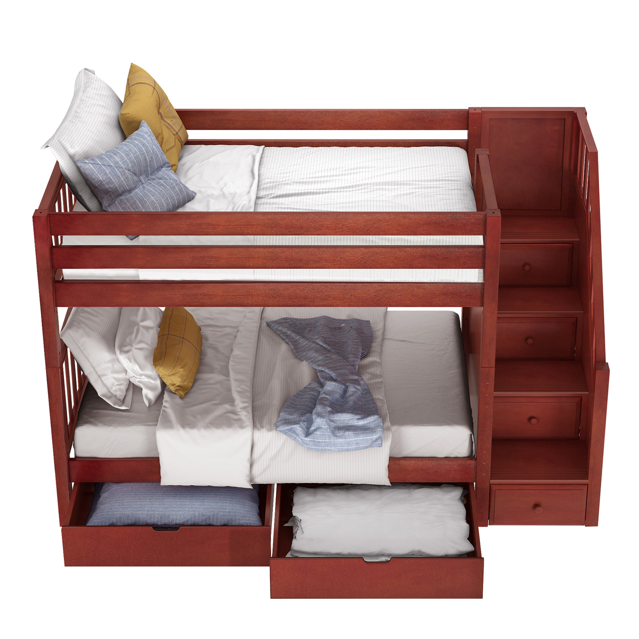 Bunk bed with stairs and storage drawers, featuring wooden finish and bedding accessories.