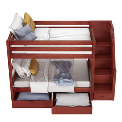 Bunk bed with stairs and storage drawers, featuring wooden finish and bedding accessories.