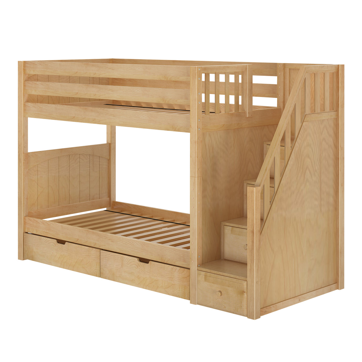 Wooden bunk bed with storage stairs and pull-out drawers for children's room.