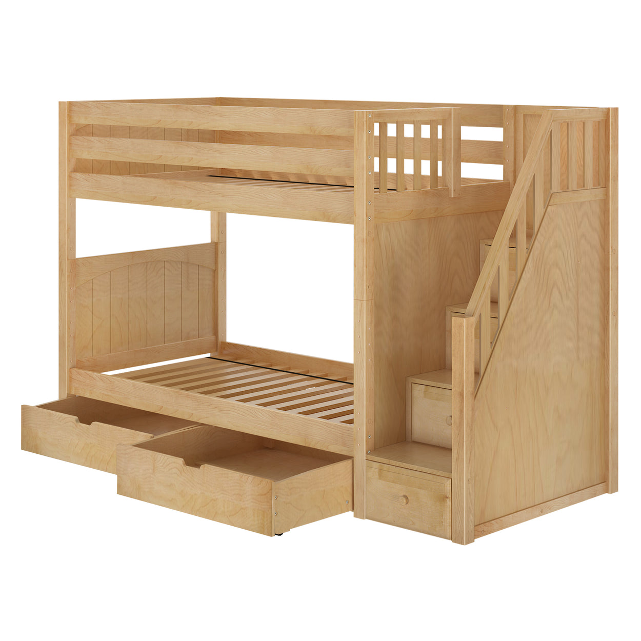 Wooden bunk bed with staircase and storage drawers for kids' room.