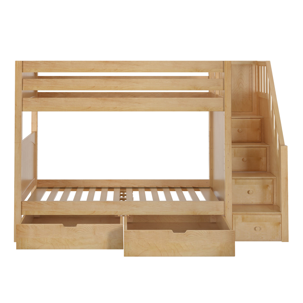 Wooden bunk bed with staircase and storage drawers.