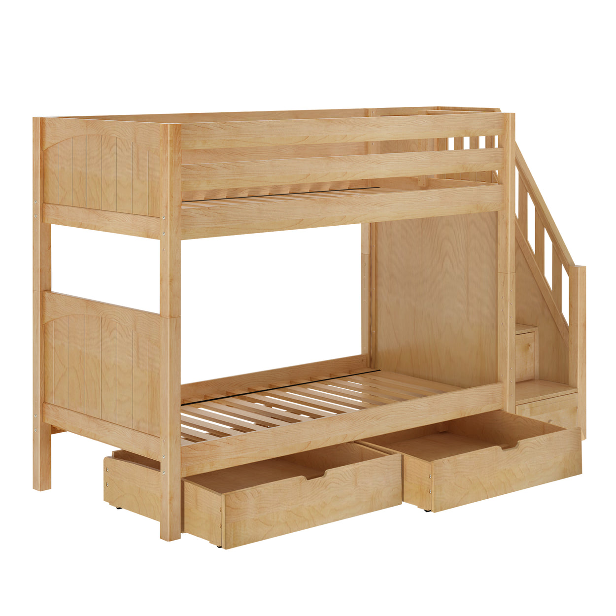 Wooden bunk bed with built-in stairs and storage drawers for kids' bedroom.