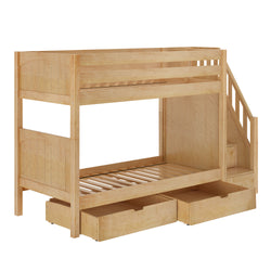 Wooden bunk bed with built-in stairs and storage drawers for kids' bedroom.
