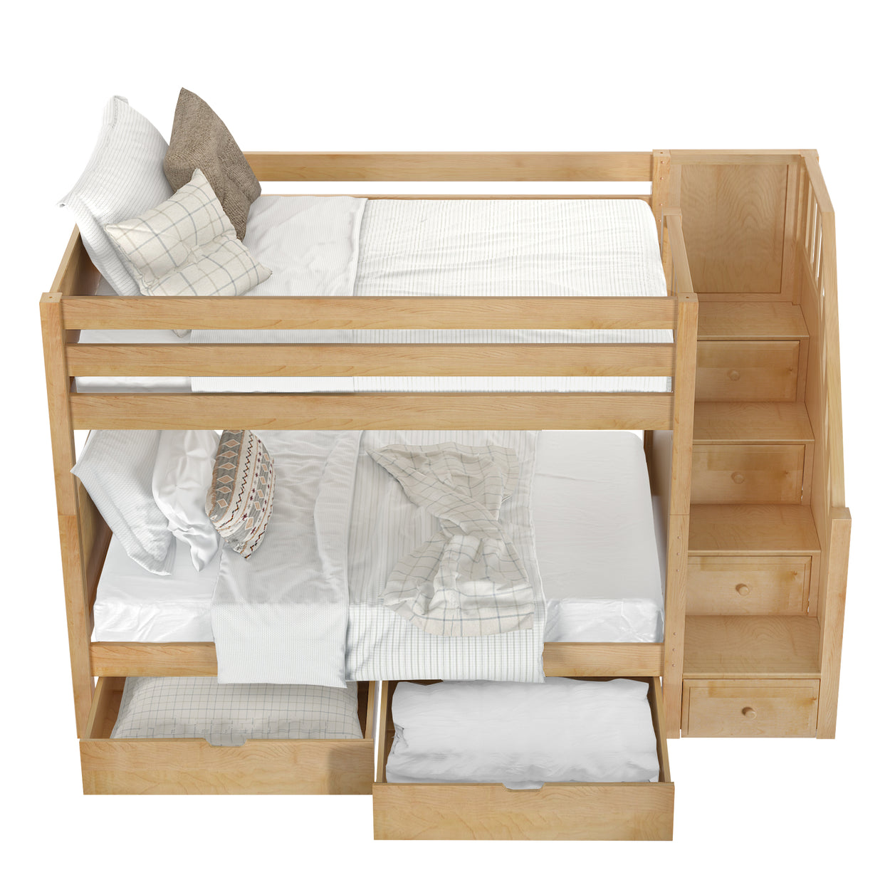 Loft bunk bed with built-in storage drawers and staircase in modern wooden design.
