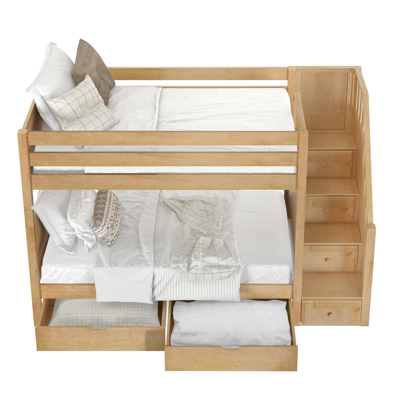 Wooden bunk bed with storage drawers and stairway, featuring white and plaid bedding for a cozy bedroom setup.