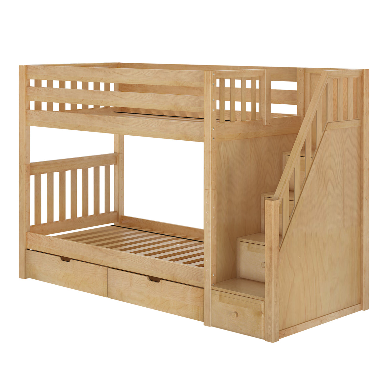 Wooden bunk bed with built-in staircase and storage drawers.