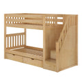 Natural wood bunk bed with built-in staircase and storage drawers for modern kids' bedrooms.
