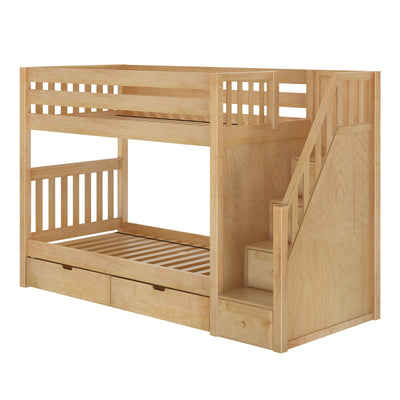 Natural wood bunk bed with built-in staircase and storage drawers for modern kids' bedrooms.
