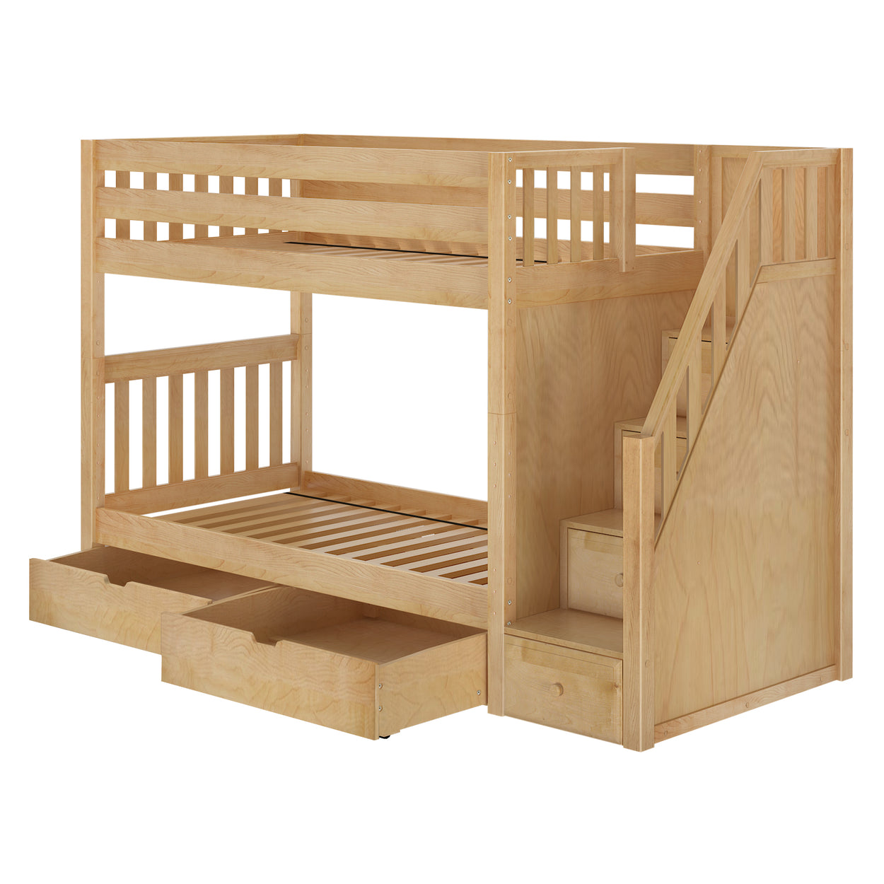 Natural wood bunk bed with stairs, storage drawers, and a sturdy safety railing for children's bedroom furniture.