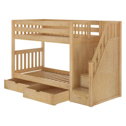 Natural wood bunk bed with stairs, storage drawers, and a sturdy safety railing for children's bedroom furniture.