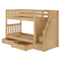 Wooden bunk bed with staircase and built-in storage drawers, perfect for kids' bedrooms.