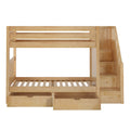 Wooden bunk bed with storage drawers and staircase for children's bedroom.