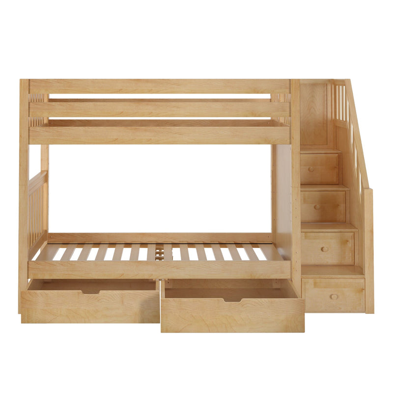 Wooden bunk bed with storage drawers and staircase for children's bedroom.