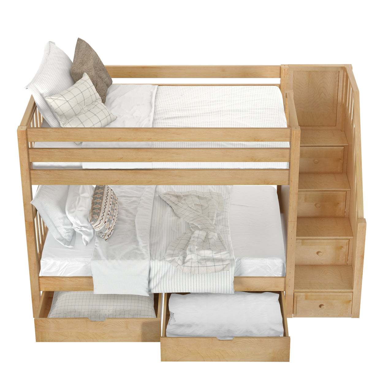 Wooden bunk bed with storage drawers and staircase, featuring cozy bedding and multiple pillows.