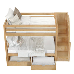 Wooden bunk bed with storage drawers and staircase, featuring cozy bedding and multiple pillows.
