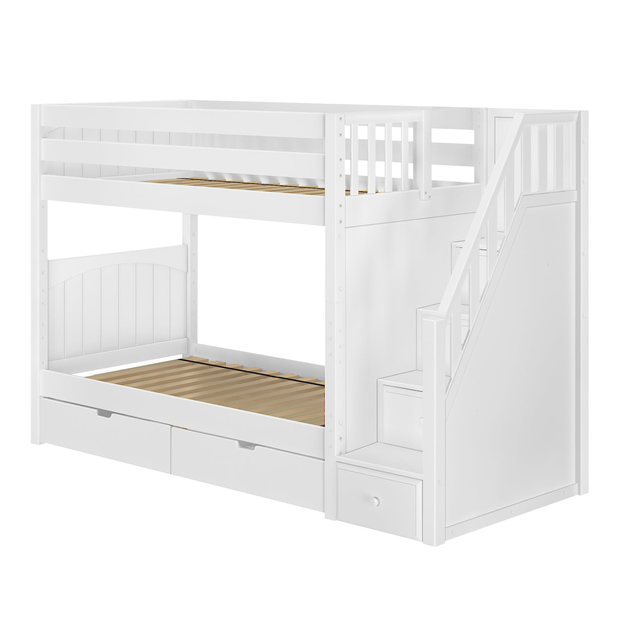 White wooden bunk bed with stairs, twin over twin design, and storage drawers suitable for kids' bedrooms.