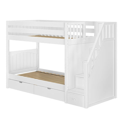 White wooden bunk bed with stair drawers and storage, ideal for kids' rooms and space-saving furniture solutions.