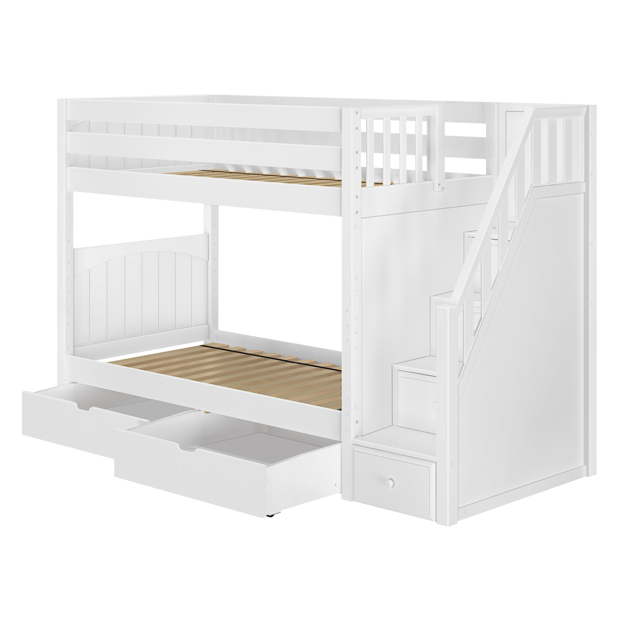 White wooden bunk bed with storage drawers and staircase for kids.