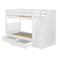 White wooden bunk bed with staircase storage and drawers.