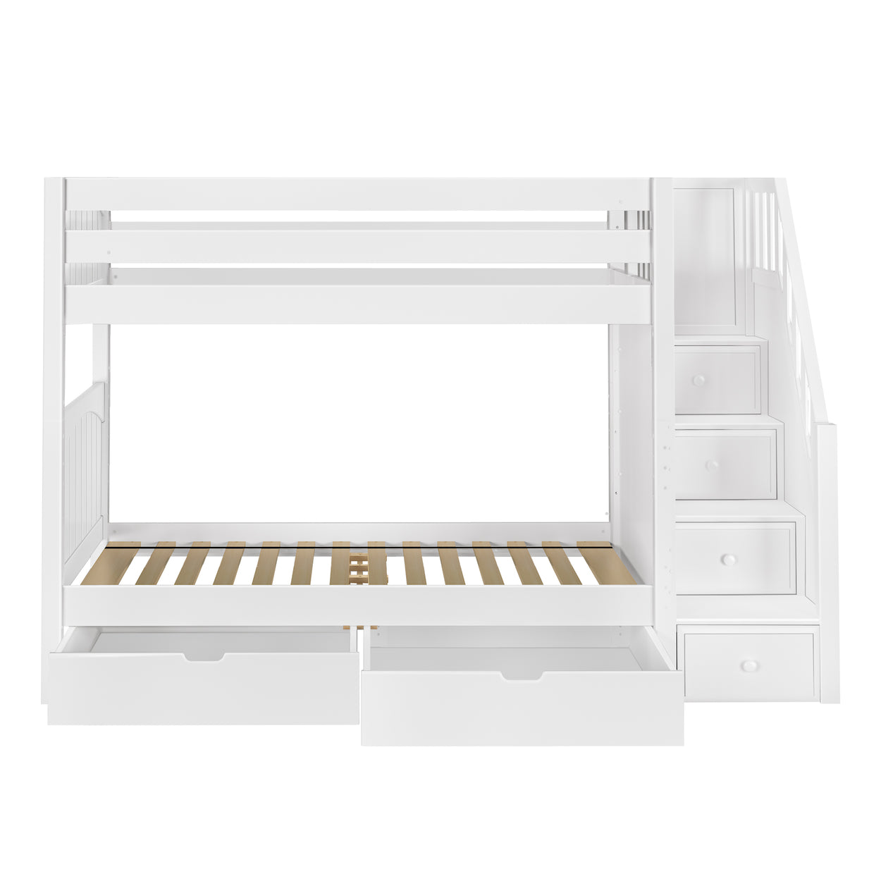 White wooden bunk bed with stairs and storage drawers for kids' bedroom.