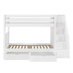 White wooden bunk bed with stairs and storage drawers for kids' bedroom.