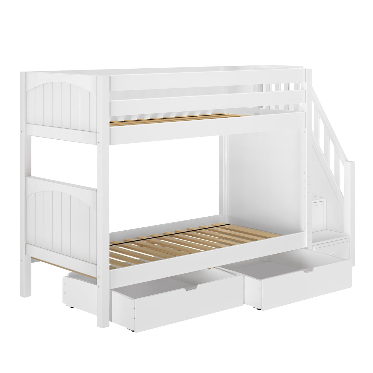 White wooden bunk bed with storage drawers and stairs, ideal for maximizing space in children's rooms.