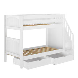 White wooden bunk bed with storage drawers and stairs, ideal for maximizing space in children's rooms.