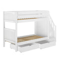 White wooden bunk bed with stairway and storage drawers, ideal for maximizing space in kids' bedrooms.