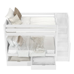 White wooden loft bed with storage stairs and cozy bedding, perfect for maximizing space in small bedrooms.