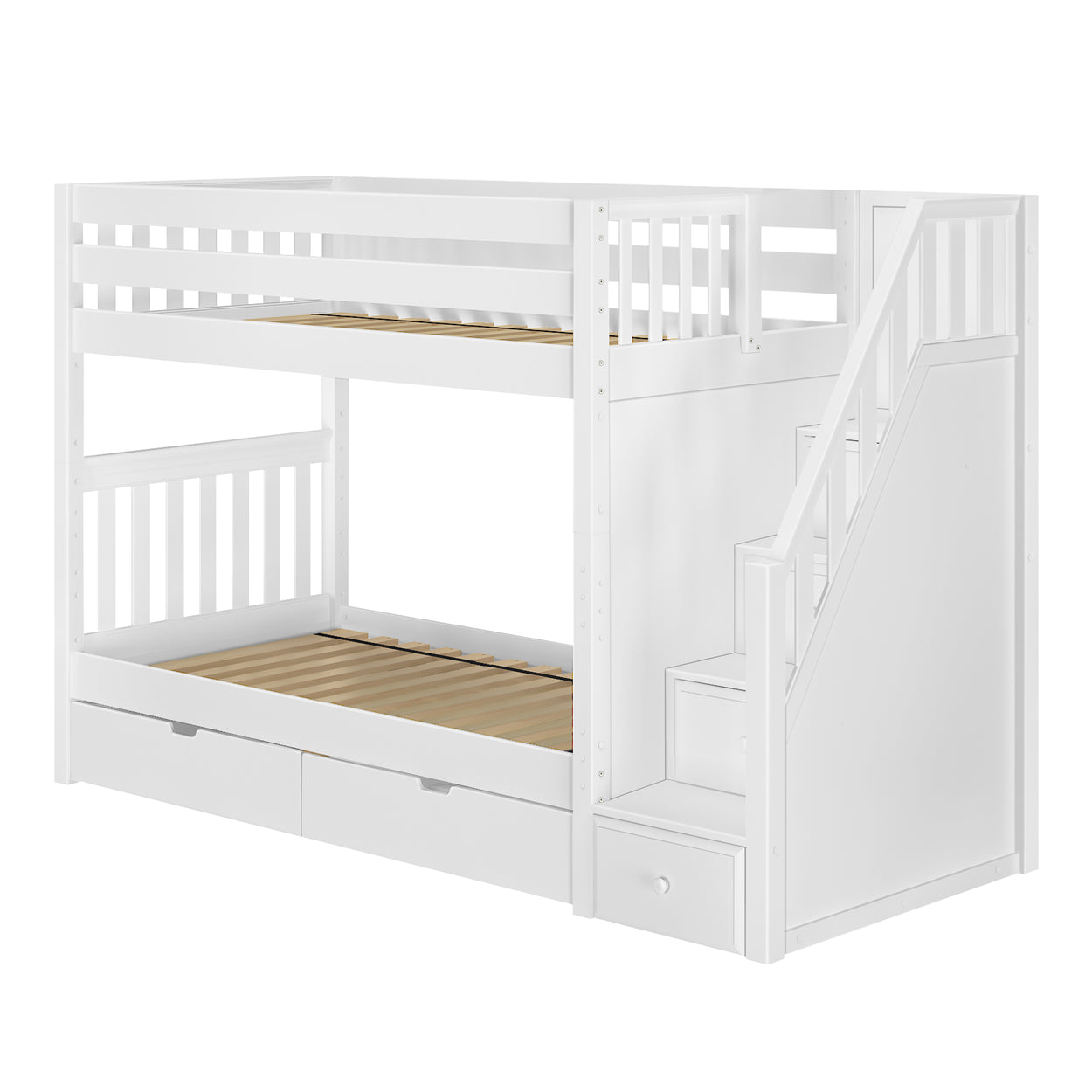 White wooden bunk bed with stairs and storage drawers, ideal for maximizing space in kids' rooms.