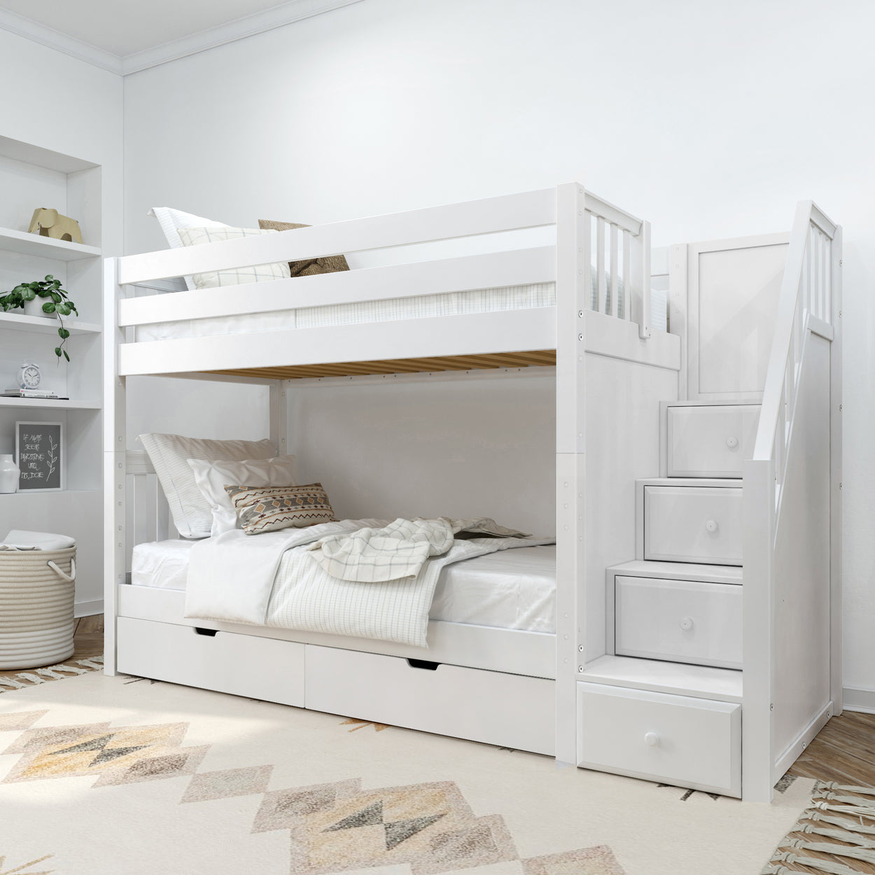 White wooden bunk bed with staircase and storage drawers, in a modern children's bedroom with cozy bedding.