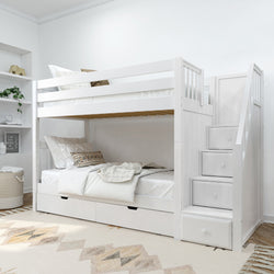 White wooden bunk bed with staircase and storage drawers, in a modern children's bedroom with cozy bedding.