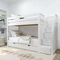 White wooden bunk bed with storage drawers and staircase in a modern minimalist bedroom.